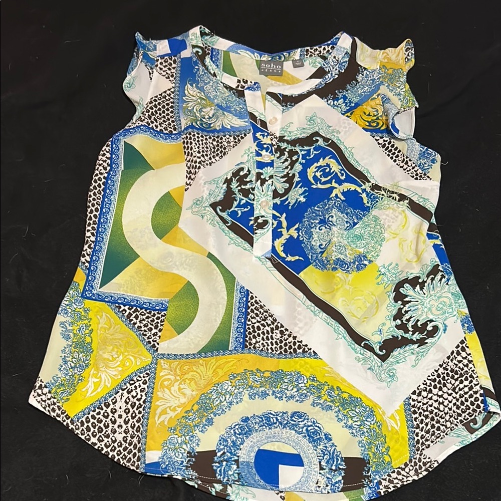 New York & Company Blue and Yellow Blouse with Abstract Pattern